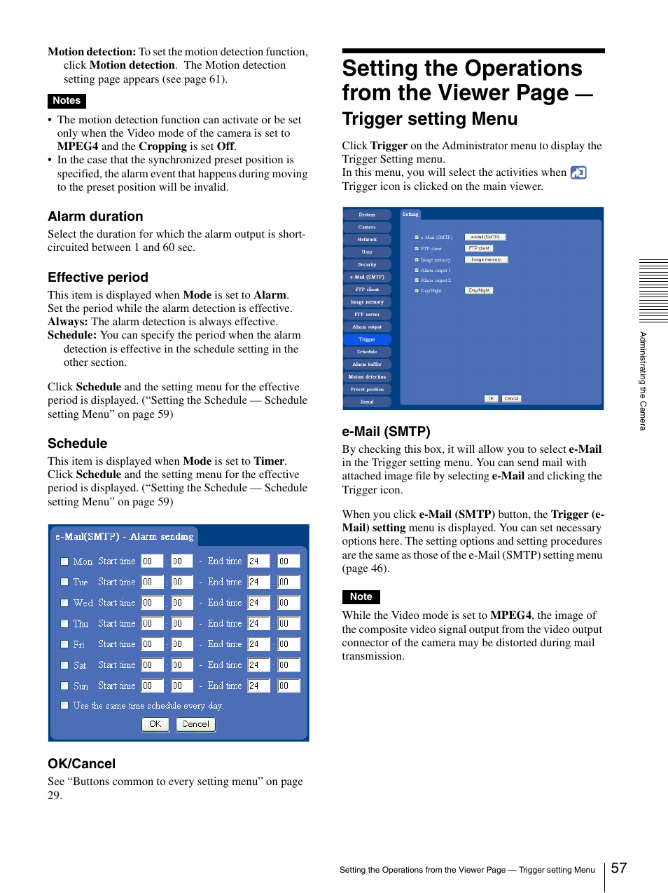 Setting the operations from the viewer page, Trigger setting menu | Sony IPELA SNC-RZ25P User Manual | Page 57 / 81