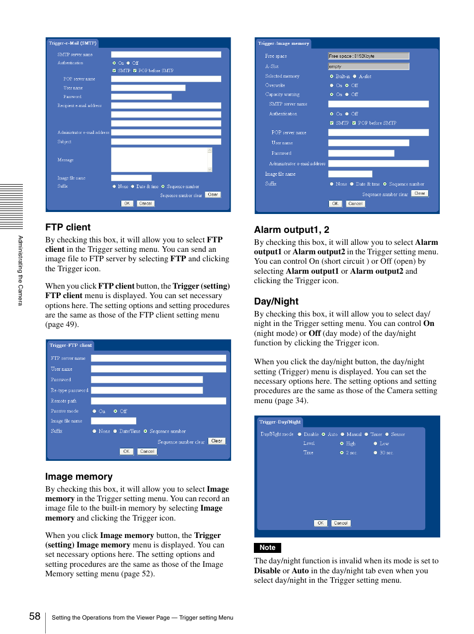 Ftp client, Alarm output1, 2, Day/night | Sony IPELA SNC-RZ25P User Manual | Page 58 / 81