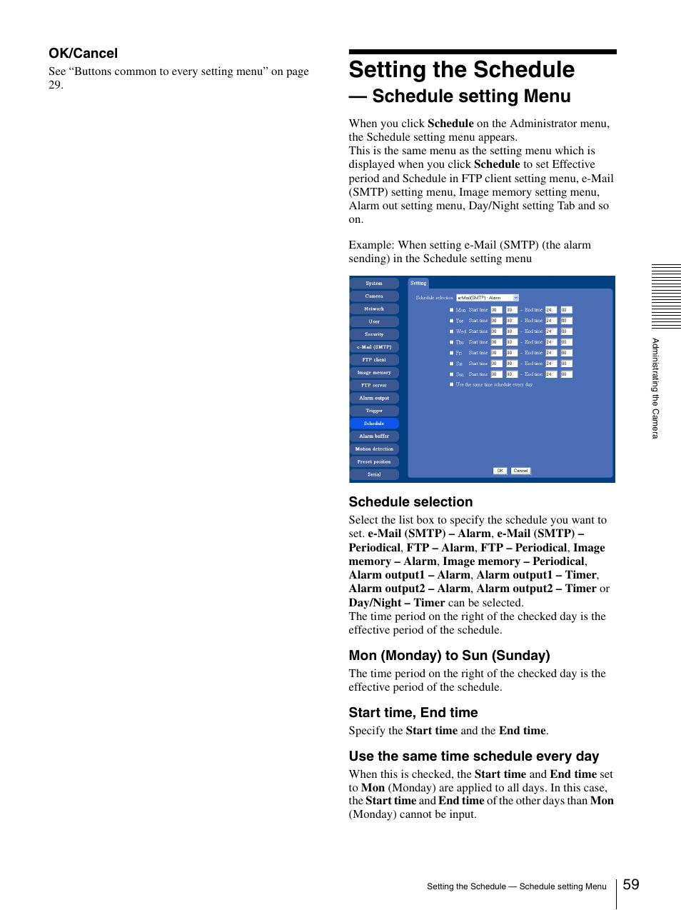 Setting the schedule - schedule setting menu, Setting the schedule — schedule setting menu, Setting the schedule | Schedule setting menu | Sony IPELA SNC-RZ25P User Manual | Page 59 / 81