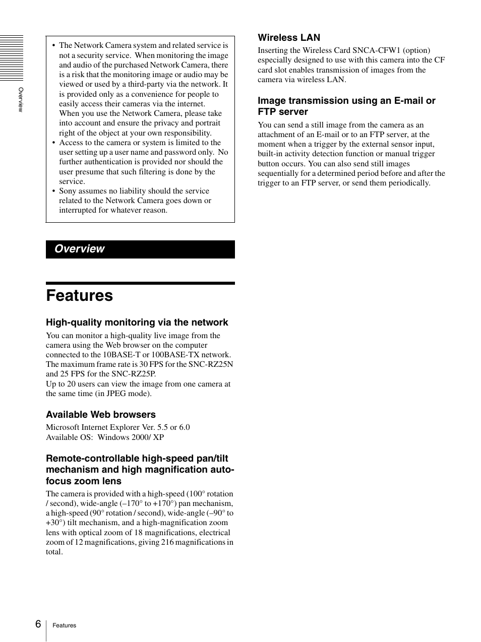 Overview, Features | Sony IPELA SNC-RZ25P User Manual | Page 6 / 81