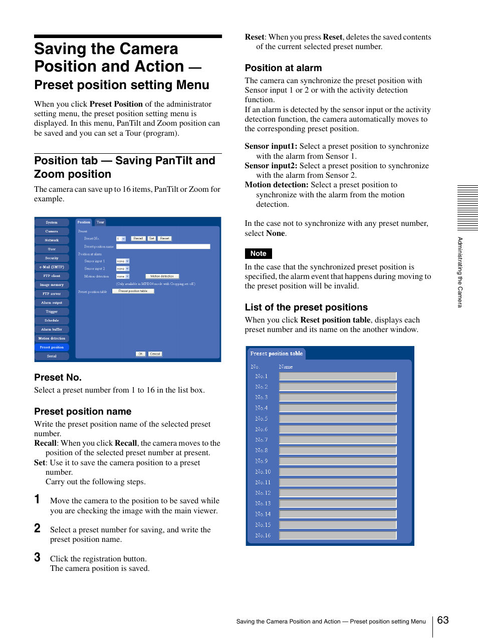 Position tab - saving pantilt and zoom position, Saving the camera position and action, Preset | Position setting menu, Preset position tab — saving pantilt and zoom, Position, Preset position setting menu, Position tab — saving pantilt and zoom position | Sony IPELA SNC-RZ25P User Manual | Page 63 / 81