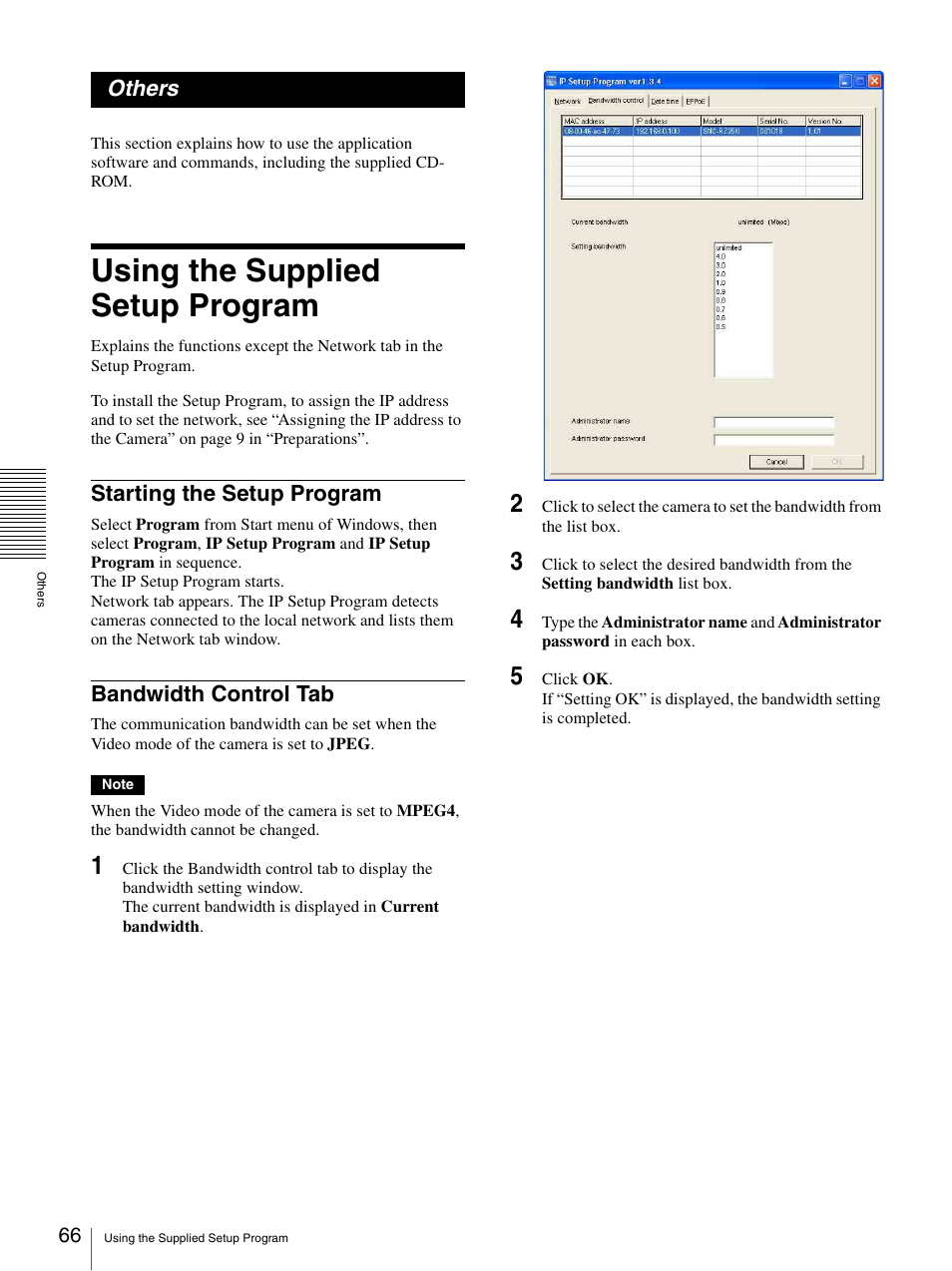 Others, Using the supplied setup program, Starting the setup program | Bandwidth control tab, Starting the setup program bandwidth control tab | Sony IPELA SNC-RZ25P User Manual | Page 66 / 81