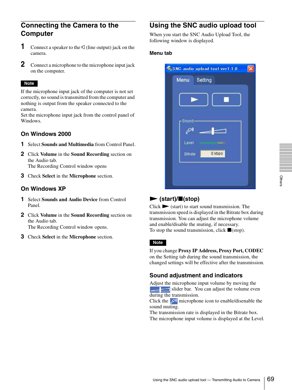 Connecting the camera to the computer, Using the snc audio upload tool | Sony IPELA SNC-RZ25P User Manual | Page 69 / 81