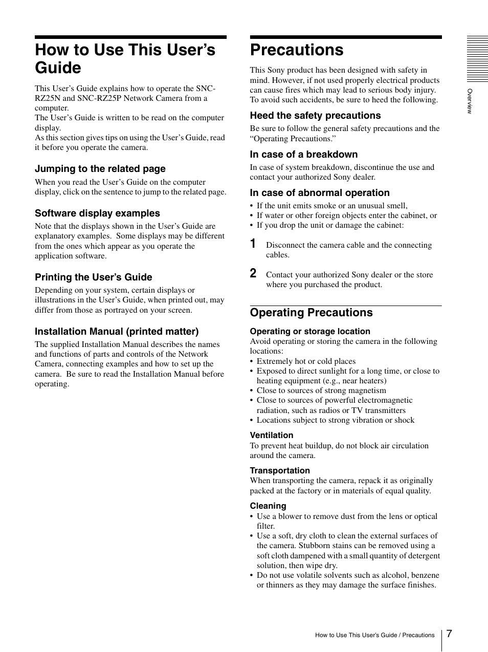 How to use this user’s guide, Precautions, Operating precautions | How to use this user’s guide precautions | Sony IPELA SNC-RZ25P User Manual | Page 7 / 81