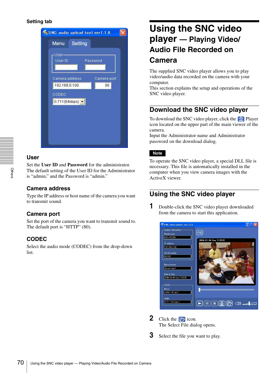 Download the snc video player, Using the snc video player, Playing video/ audio file recorded on camera | Sony IPELA SNC-RZ25P User Manual | Page 70 / 81