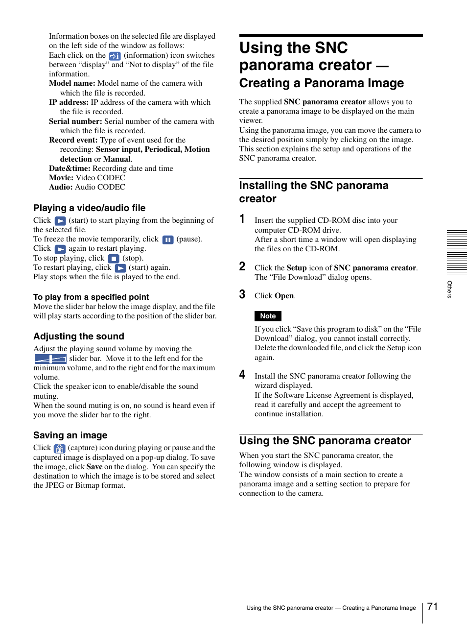 Installing the snc panorama creator, Using the snc panorama creator, Creating a panorama image | Sony IPELA SNC-RZ25P User Manual | Page 71 / 81