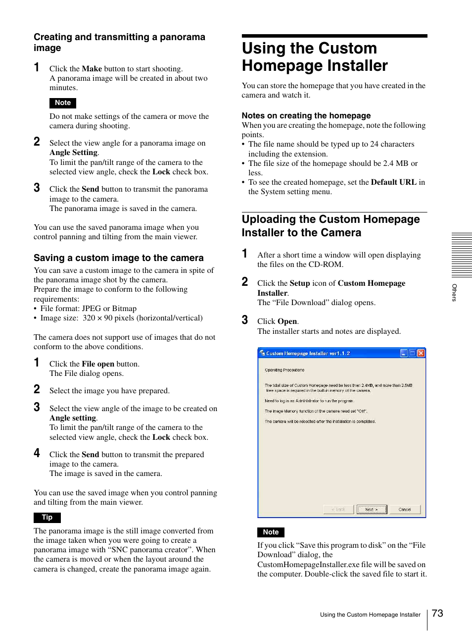 Camera, Using the custom homepage installer | Sony IPELA SNC-RZ25P User Manual | Page 73 / 81
