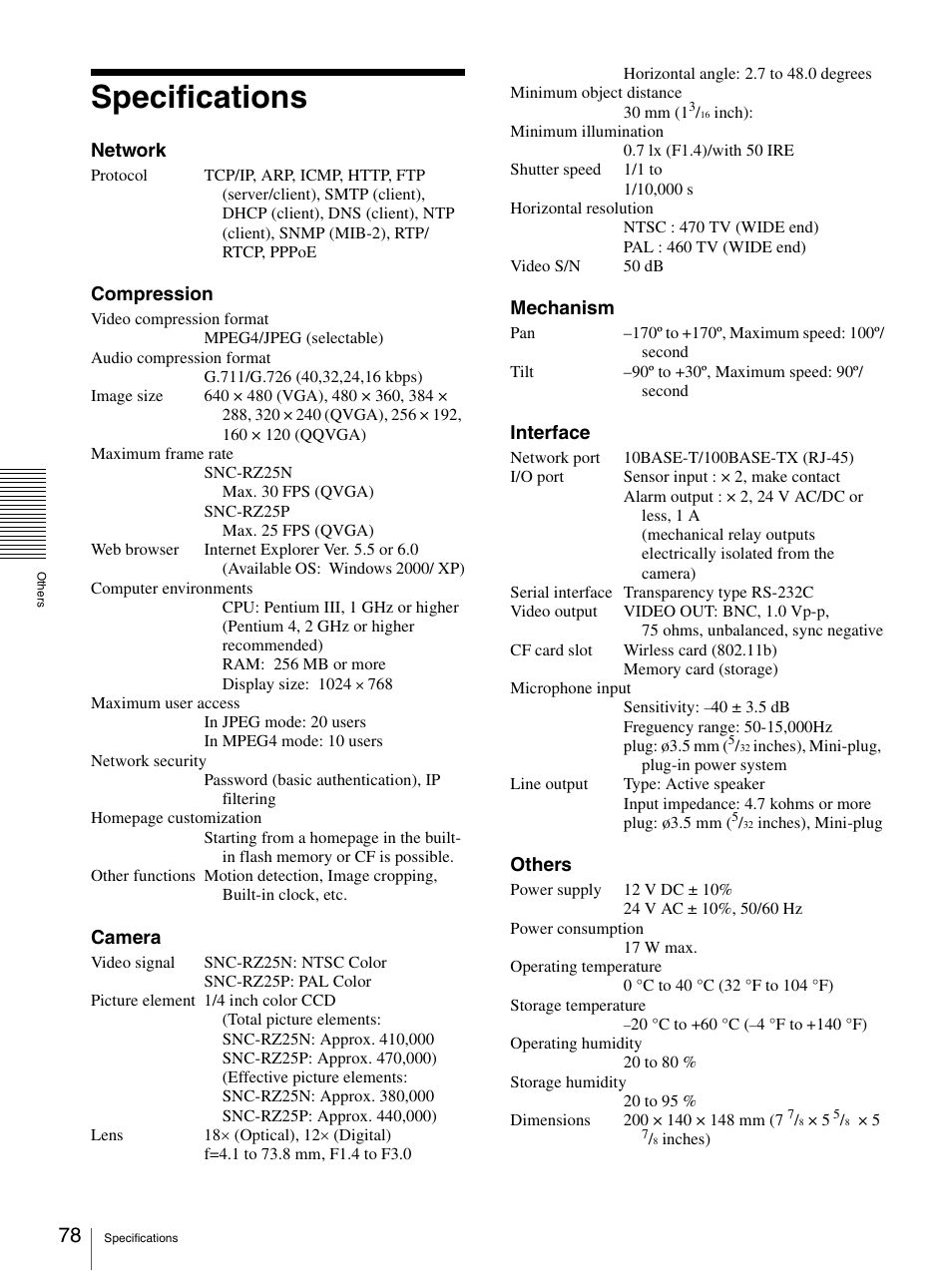 Specifications | Sony IPELA SNC-RZ25P User Manual | Page 78 / 81