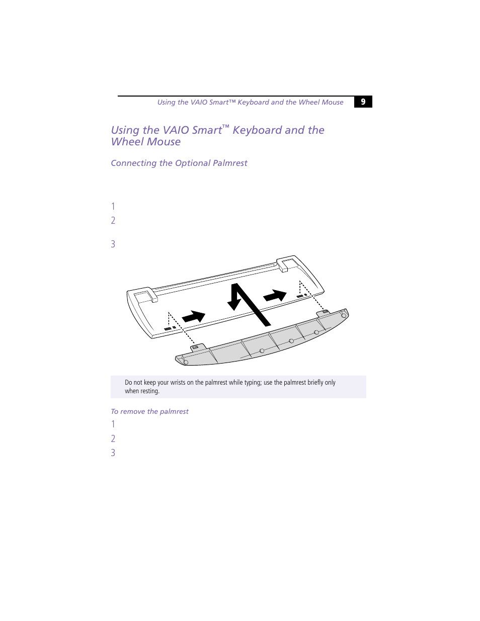 Using the vaio smart™ keyboard and the wheel mouse, Connecting the optional palmrest, Using the vaio smart | Keyboard and the wheel mouse | Sony PCV-R528DS User Manual | Page 13 / 40