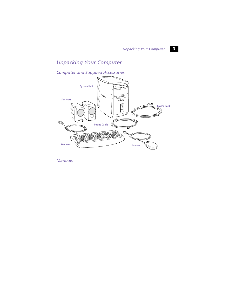 Unpacking your computer, Computer and supplied accessories, Manuals | Sony PCV-R528DS User Manual | Page 7 / 40