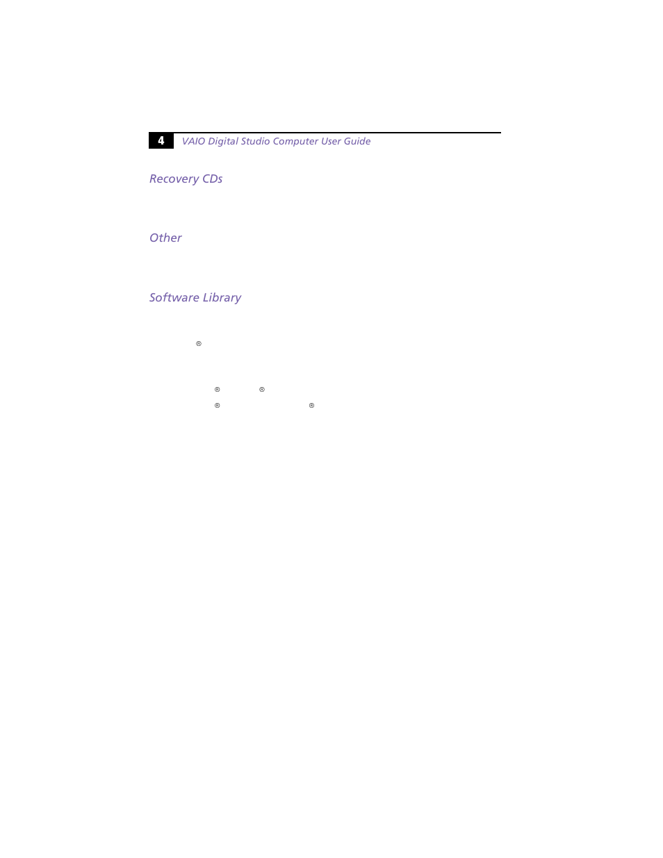 Recovery cds, Other, Software library | Sony PCV-R528DS User Manual | Page 8 / 40