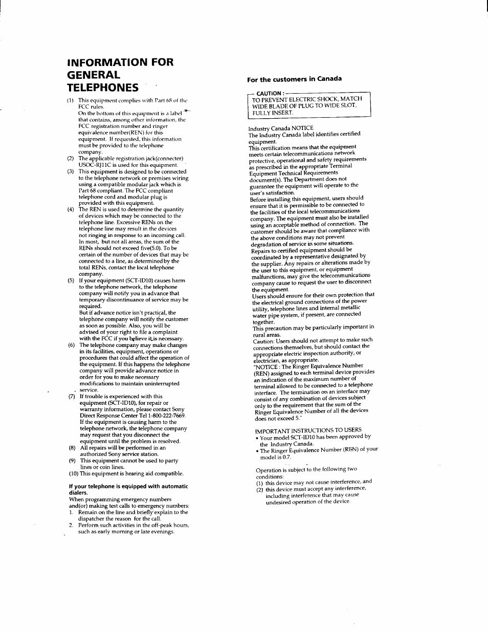 Information for general telephones | Sony SCT-ID10 User Manual | Page 4 / 11