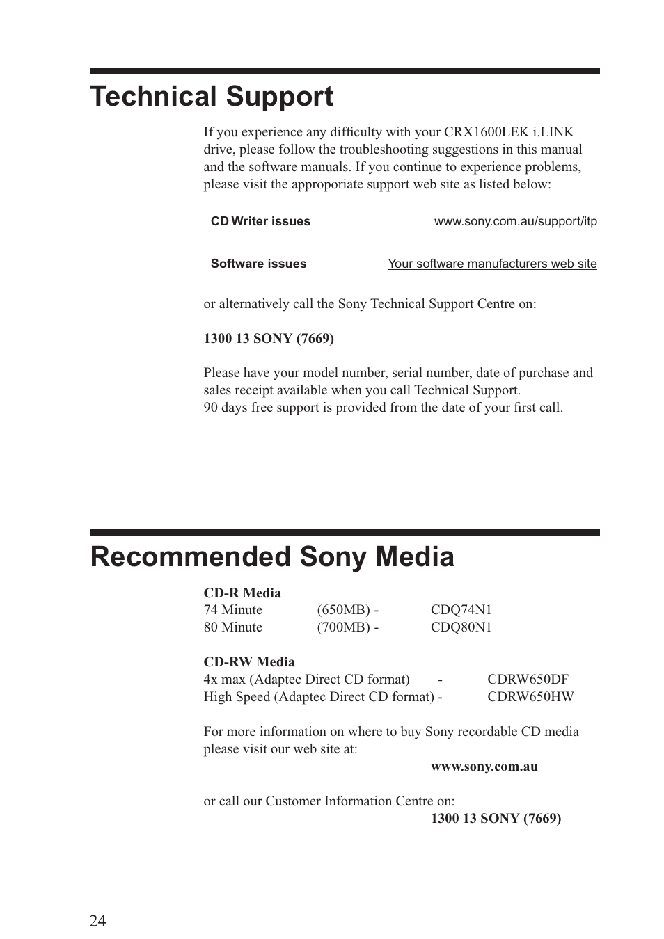 Technical support, Recommended media, Recommended sony media | Sony CRX-1611 User Manual | Page 15 / 15
