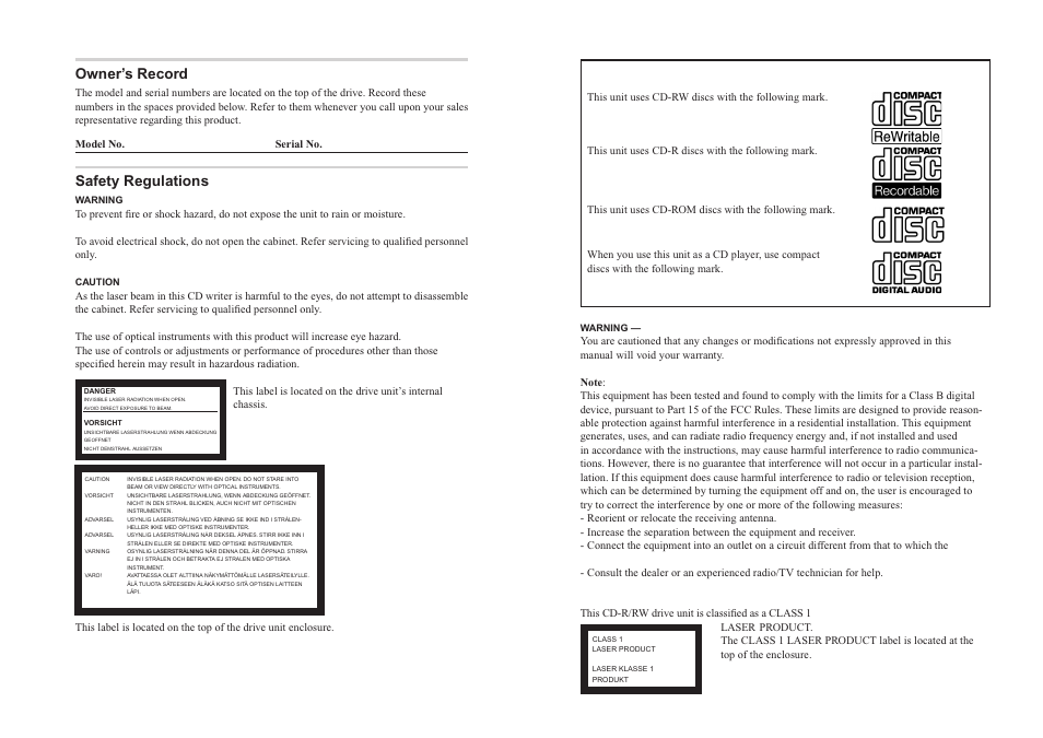 Owner ’s record, Safety regulations, Owner’s record | Sony CRX-1611 User Manual | Page 2 / 15