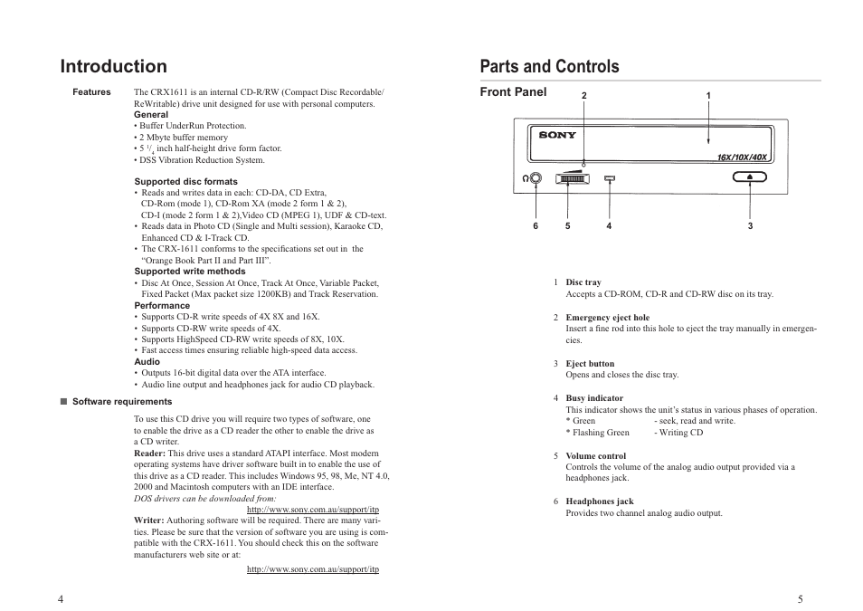 Introduction, Features, Software requirements | Parts and controls, Front panel | Sony CRX-1611 User Manual | Page 5 / 15