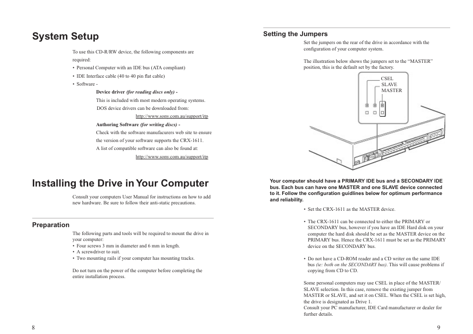 System setup, Installing the drive, Setting the jumpers | Installing the drive in your computer | Sony CRX-1611 User Manual | Page 7 / 15