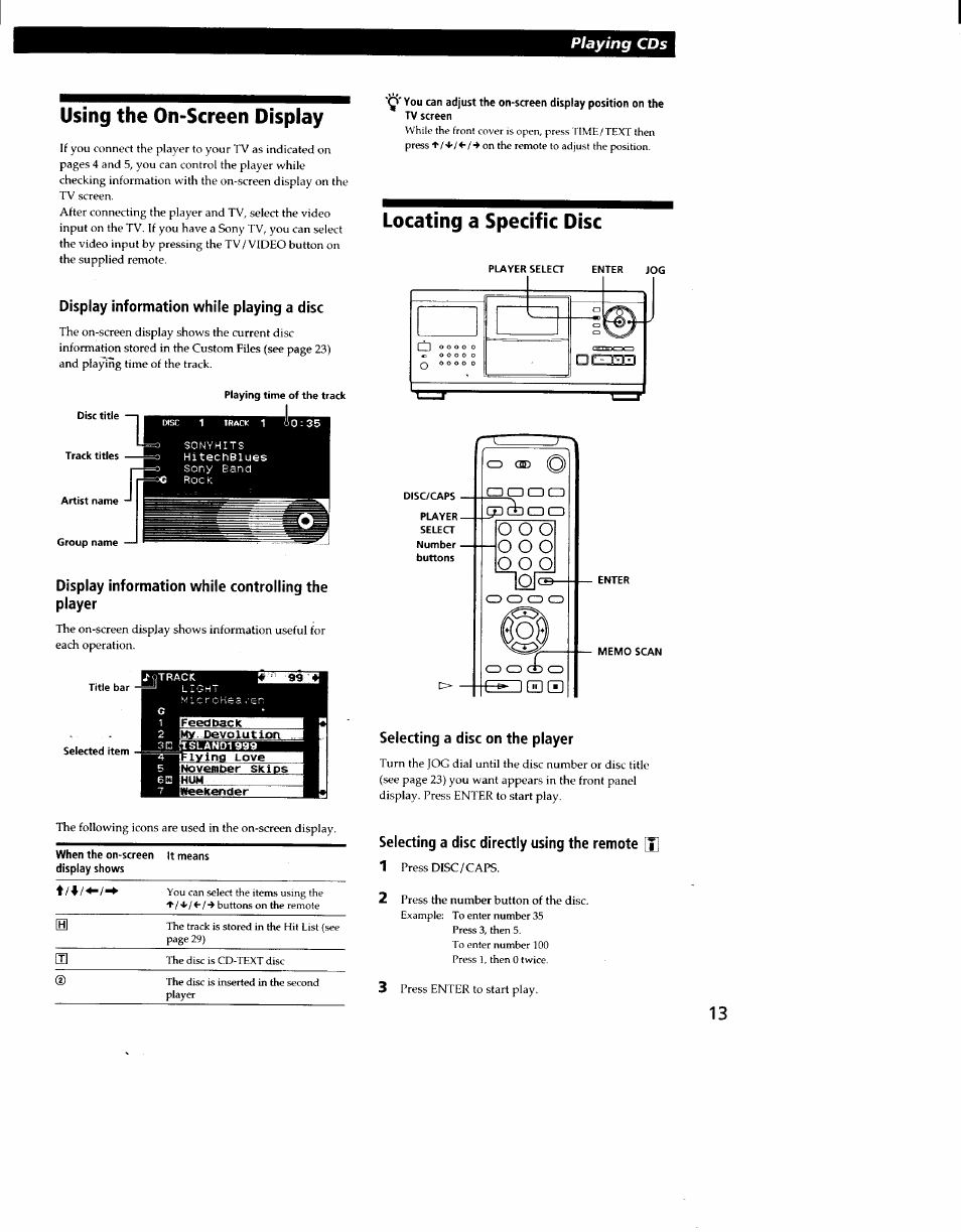 Using the on-screen display, Display information while playing a disc, Display information while controlling the player | Locating a specific disc, Selecting a disc on the player, Selecting a disc directly using the remote [j, О о a | Sony CDP-CX270 User Manual | Page 13 / 32