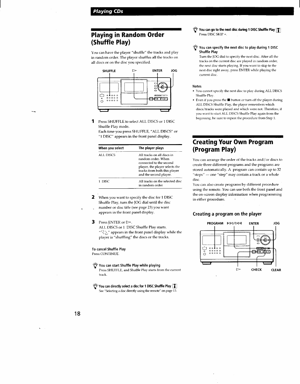 Playing in random order (shuffle play), When you select, To cancel shuffle play | Q' you can start shuffle play while playing, Notes, Creating your own program (program play), Creating a program on the player | Sony CDP-CX270 User Manual | Page 18 / 32