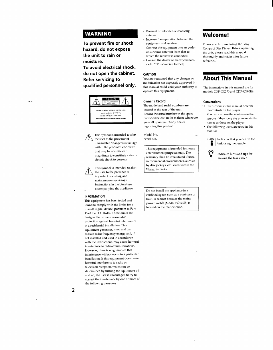 Information, Caution, Owner's record | Welcome, About this manual, Conventions, Warning | Sony CDP-CX270 User Manual | Page 2 / 32