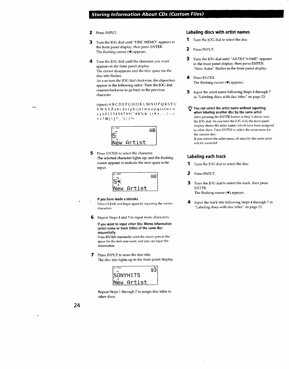 Labeling discs with artist names, Labeling each track, Sonyhits new firtist | Sony CDP-CX270 User Manual | Page 24 / 32