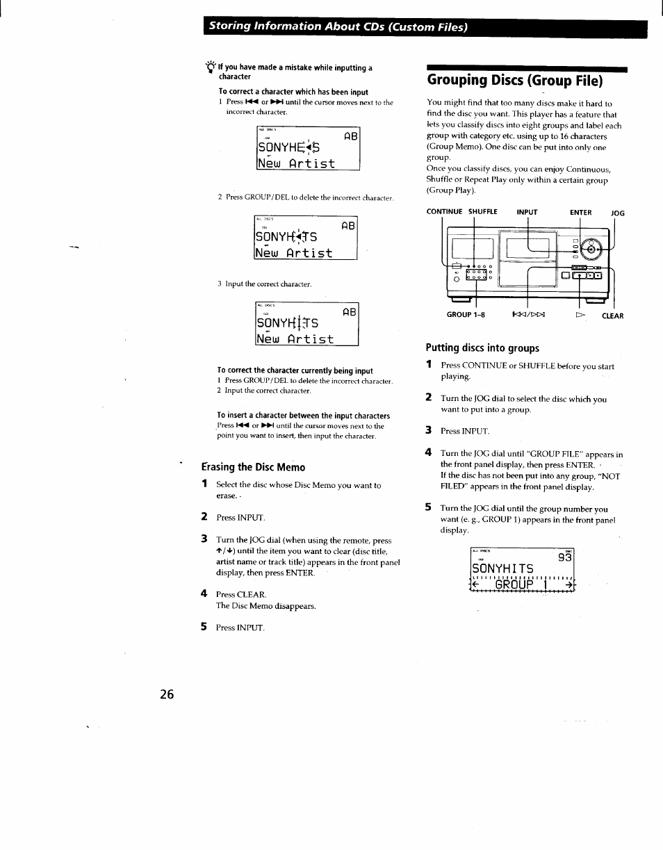 Sonyh^vs neuj artist, Sonyk^ts, New firtist | S0nykj3's new firtist, To correct the character currently being input, To insert a character between the input characters, Erasing the disc memo, Grouping discs (group file), Putting discs into groups, Groujsng dis'cs (group file) | Sony CDP-CX270 User Manual | Page 26 / 32