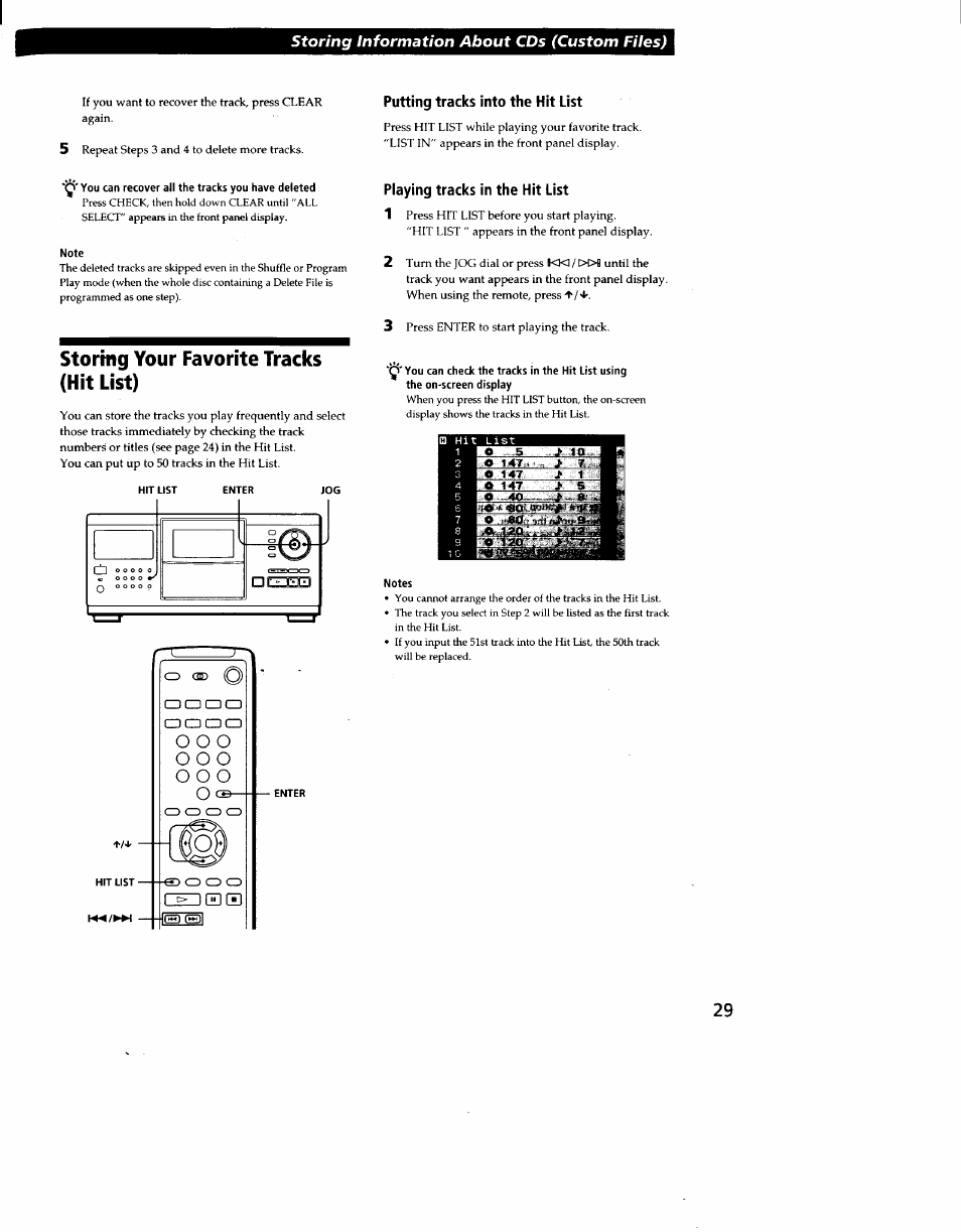 Putting tracks into the hit list, Q' you can recover all the tracks you have deleted, Note | Storing your favorite tracks (hit list), Playing tracks in the hit list, Notes | Sony CDP-CX270 User Manual | Page 29 / 32