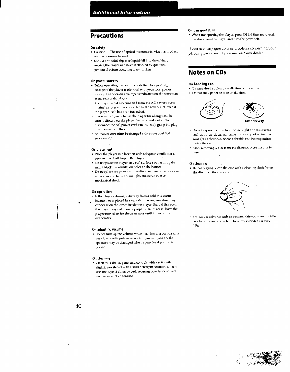 Precautions, On safety, On power sources | On placement, On operation, On adjusting volume, On transportation, Notes on cds, On handling cds, On cleaning | Sony CDP-CX270 User Manual | Page 30 / 32