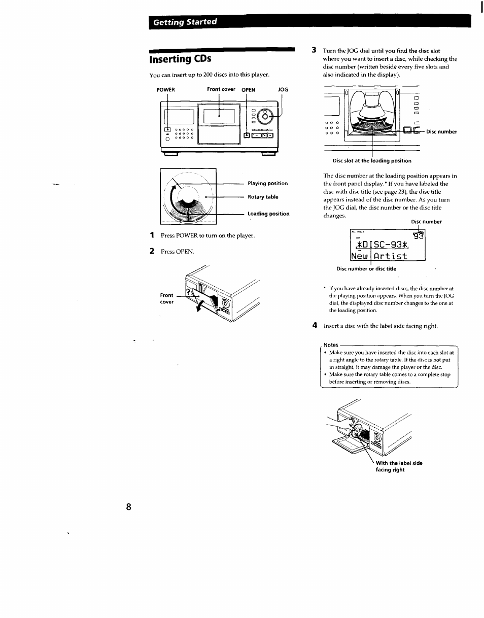 Inserting cds, Sc-93)!:, new prtist | Sony CDP-CX270 User Manual | Page 8 / 32