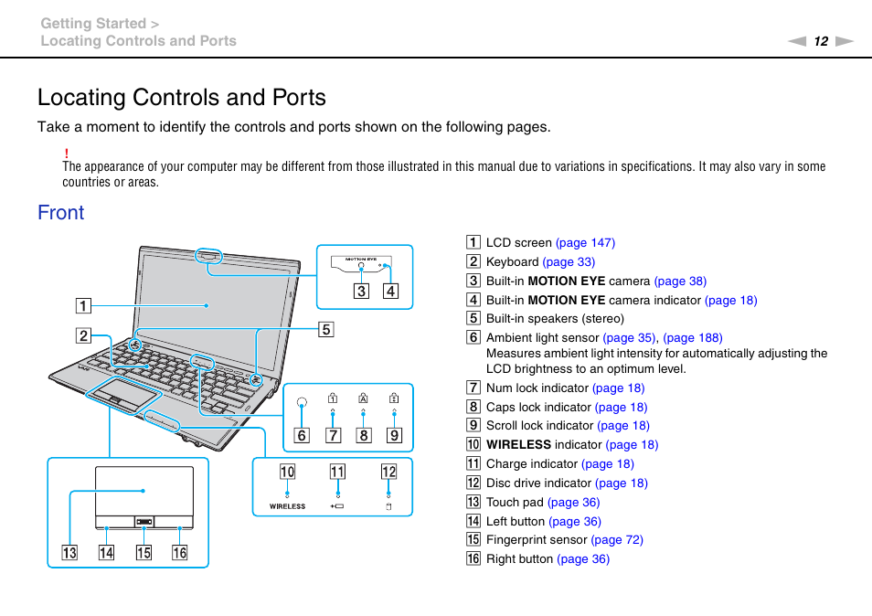 Locating controls and ports, Front | Sony VAIO VPCZ11 User Manual | Page 12 / 205