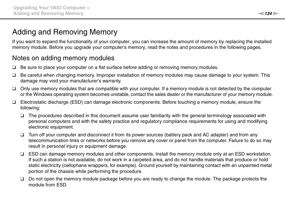 Adding and removing memory | Sony VAIO VPCZ11 User Manual | Page 134 / 205