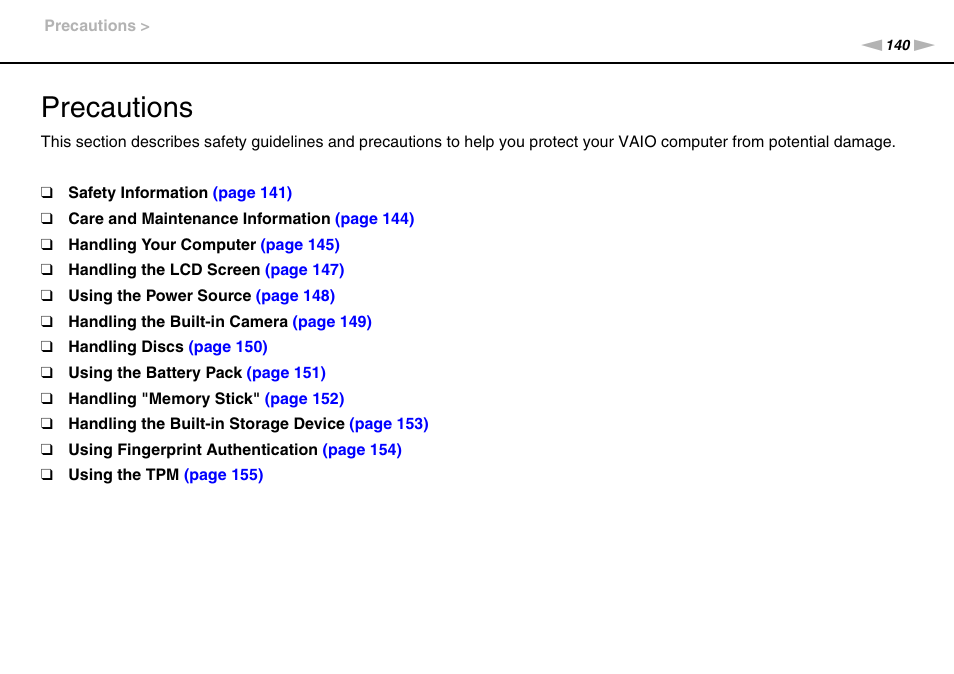 Precautions | Sony VAIO VPCZ11 User Manual | Page 140 / 205