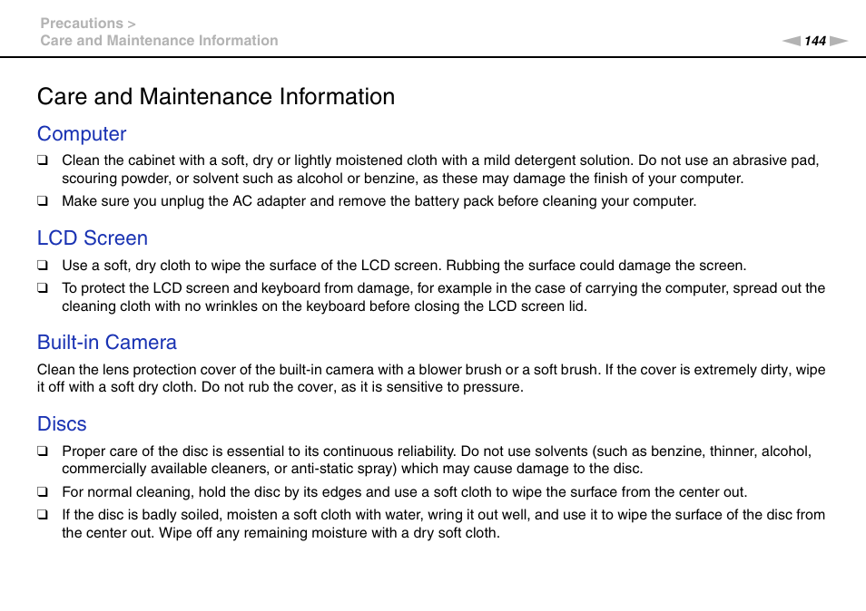 Care and maintenance information, Computer, Lcd screen | Built-in camera, Discs | Sony VAIO VPCZ11 User Manual | Page 144 / 205