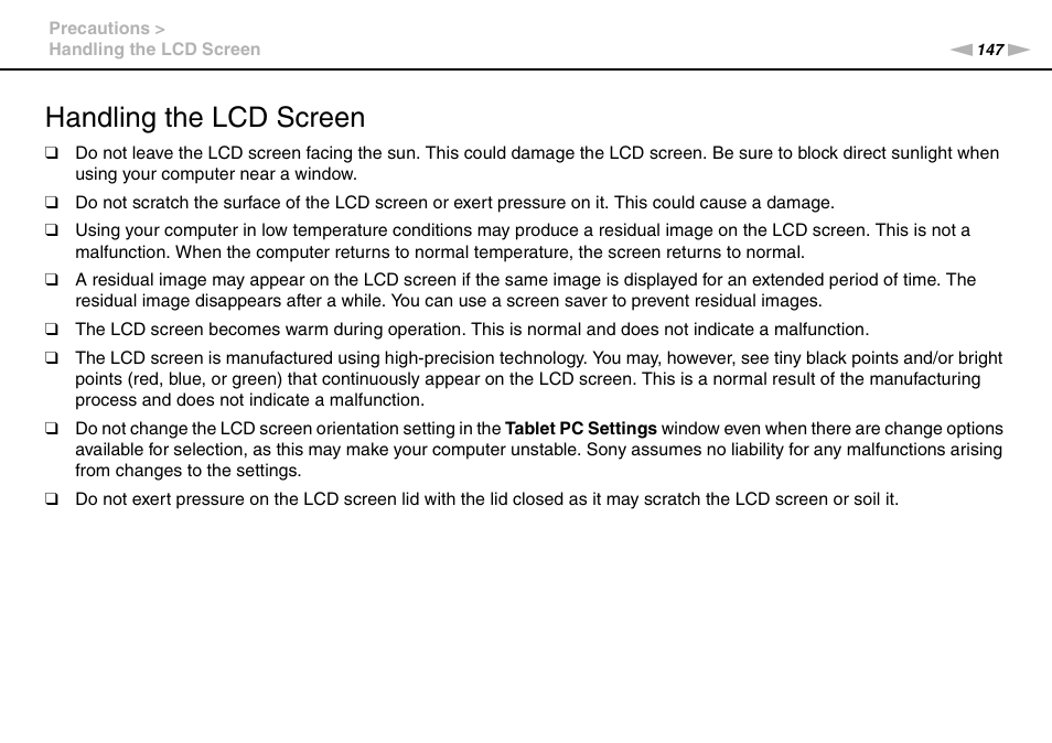 Handling the lcd screen | Sony VAIO VPCZ11 User Manual | Page 147 / 205