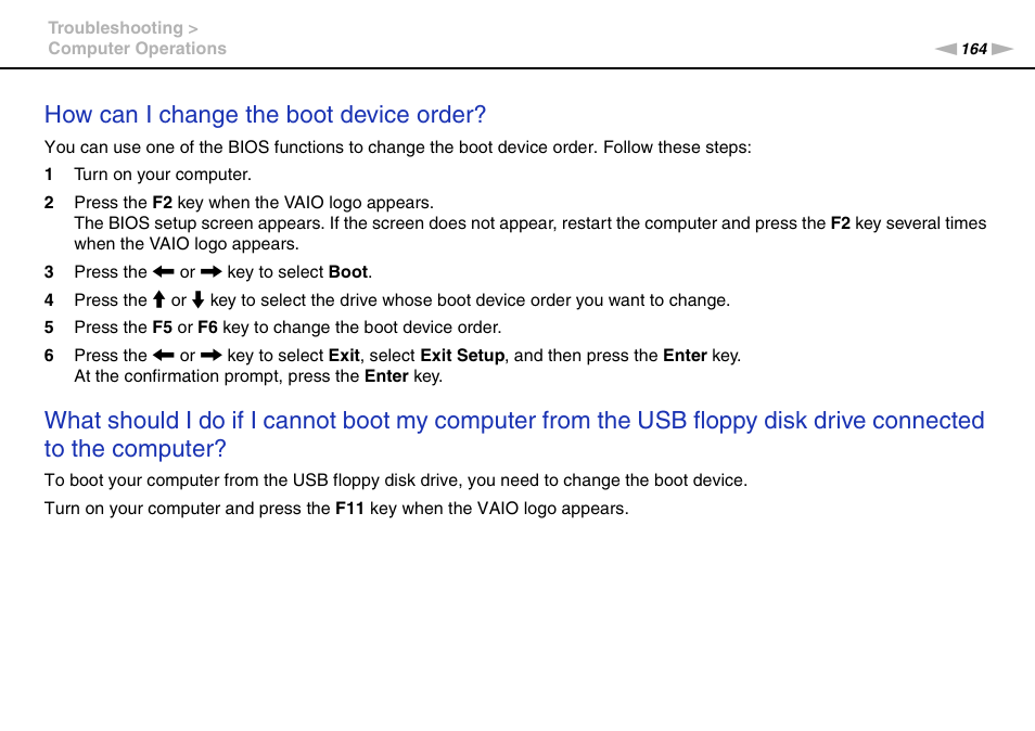 How can i change the boot device order | Sony VAIO VPCZ11 User Manual | Page 164 / 205