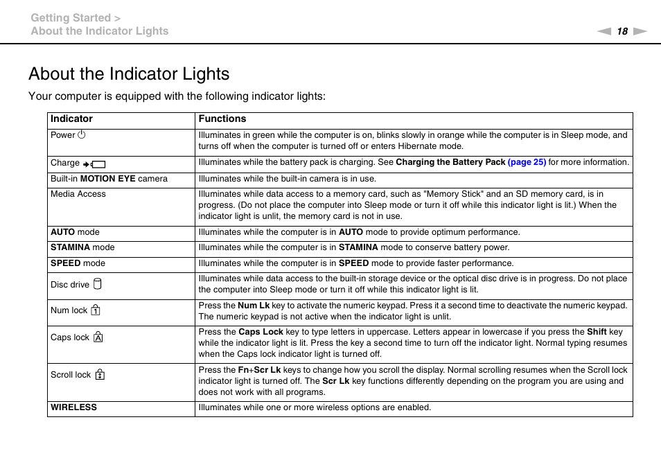 About the indicator lights | Sony VAIO VPCZ11 User Manual | Page 18 / 205