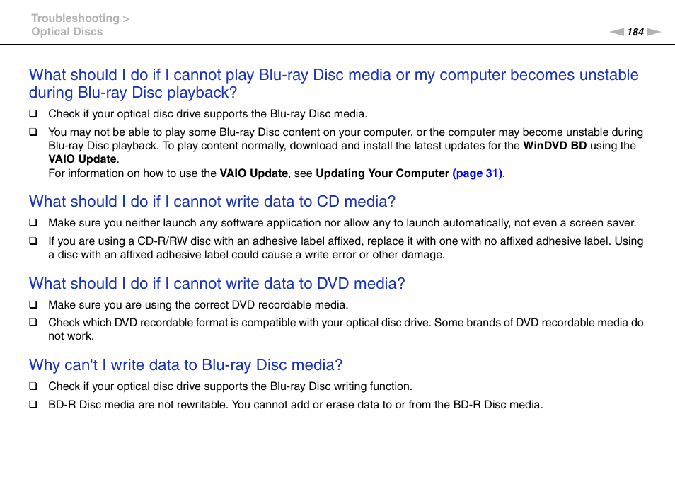 Why can't i write data to blu-ray disc media | Sony VAIO VPCZ11 User Manual | Page 184 / 205