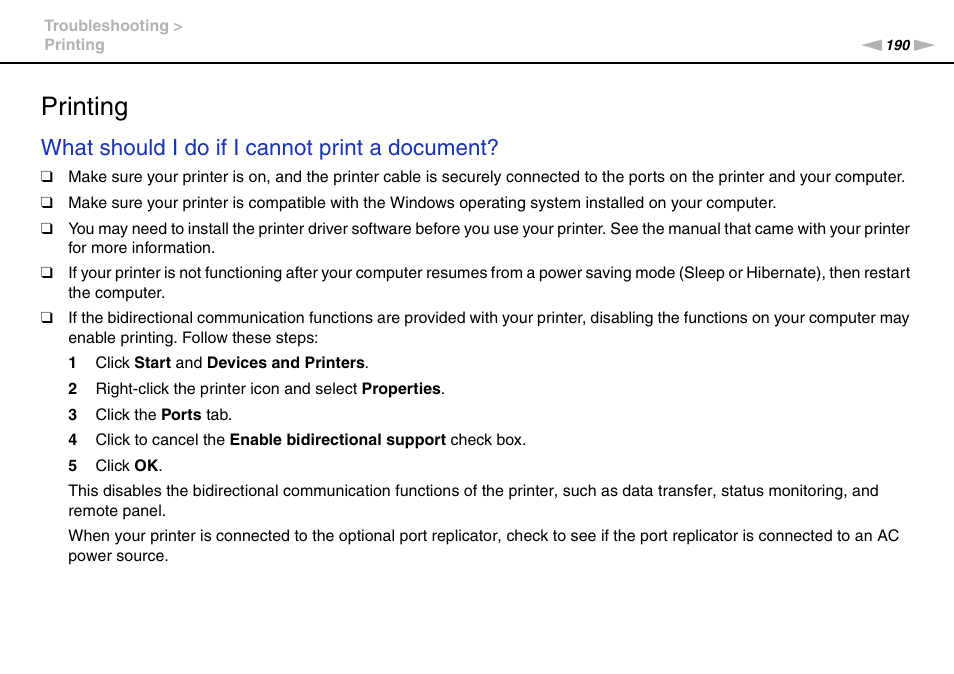 Printing, Inting, What should i do if i cannot print a document | Sony VAIO VPCZ11 User Manual | Page 190 / 205