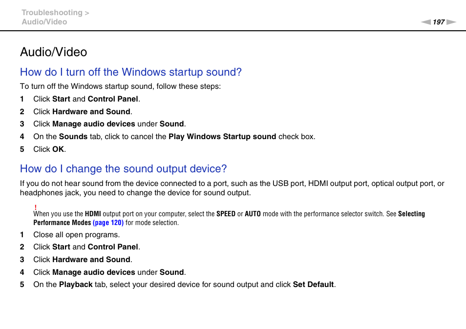 Audio/video, How do i turn off the windows startup sound, How do i change the sound output device | Sony VAIO VPCZ11 User Manual | Page 197 / 205