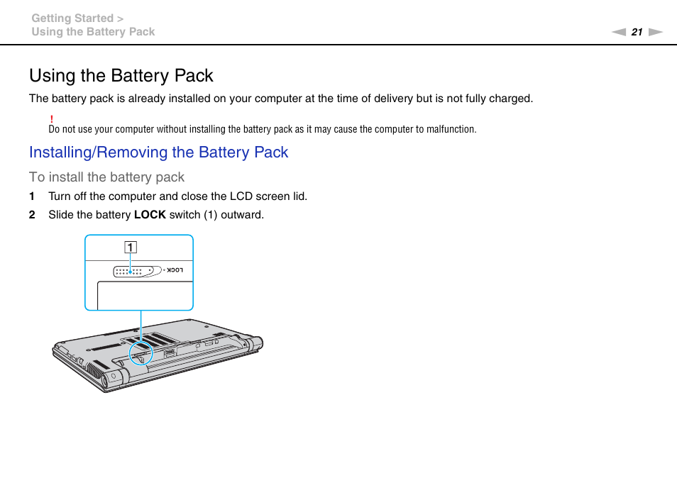 Using the battery pack, Installing/removing the battery pack | Sony VAIO VPCZ11 User Manual | Page 21 / 205