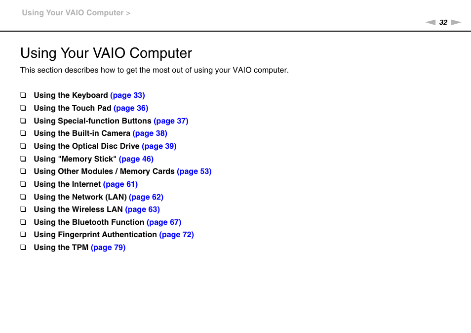 Using your vaio computer | Sony VAIO VPCZ11 User Manual | Page 32 / 205