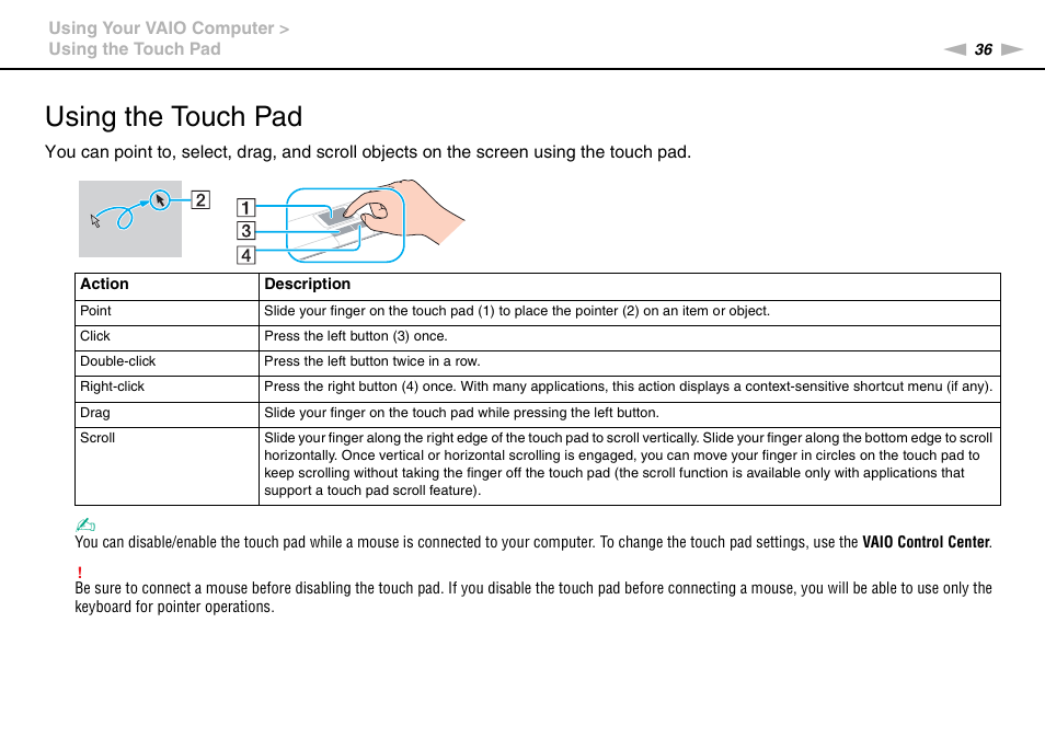 Using the touch pad | Sony VAIO VPCZ11 User Manual | Page 36 / 205