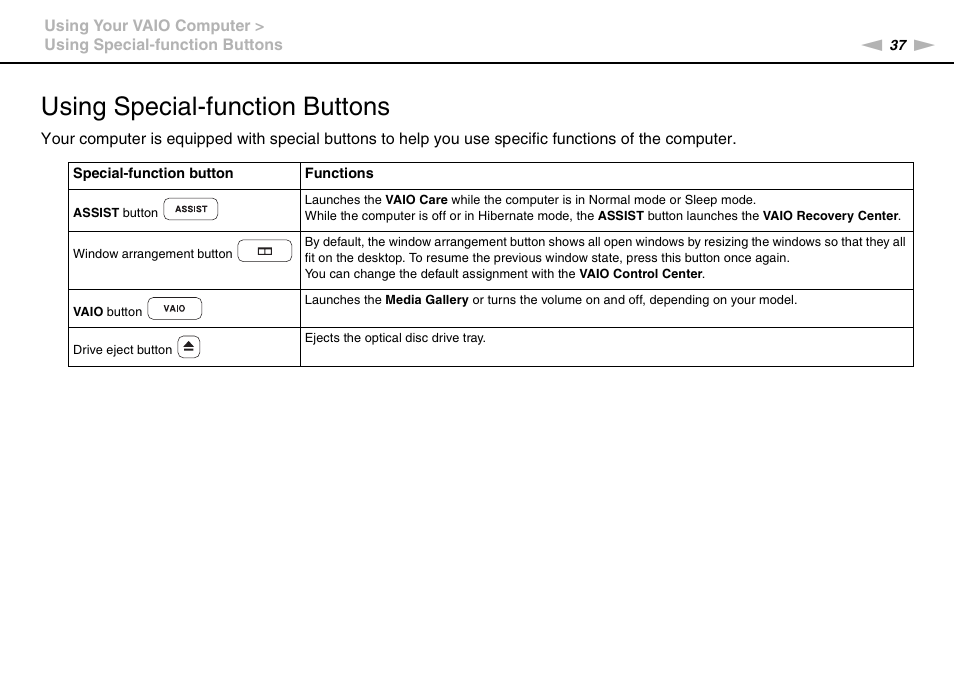 Using special-function buttons | Sony VAIO VPCZ11 User Manual | Page 37 / 205