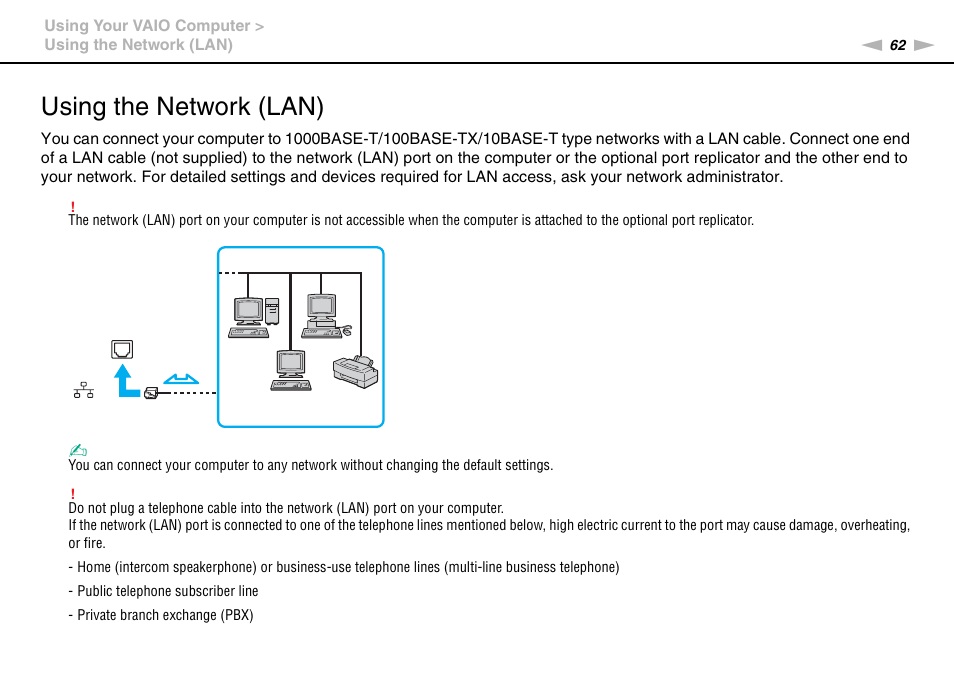 Using the network (lan) | Sony VAIO VPCZ11 User Manual | Page 62 / 205