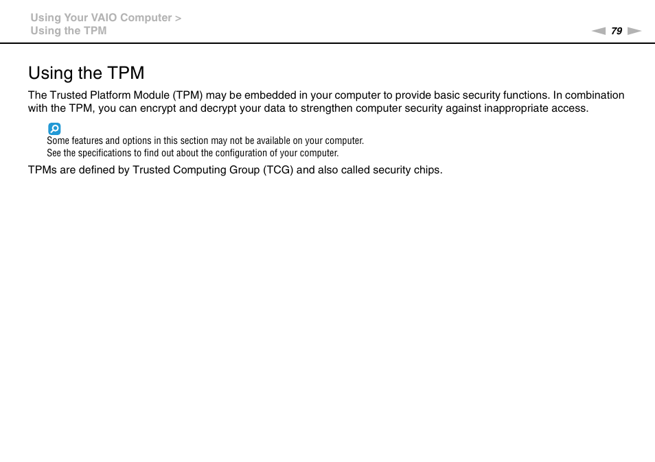 Using the tpm | Sony VAIO VPCZ11 User Manual | Page 79 / 205