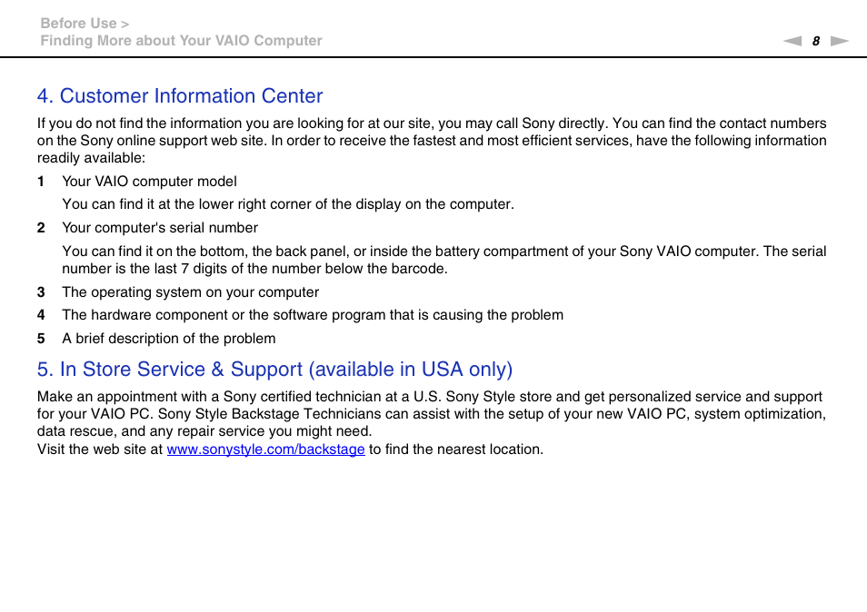 Customer information center | Sony VAIO VPCZ11 User Manual | Page 8 / 205