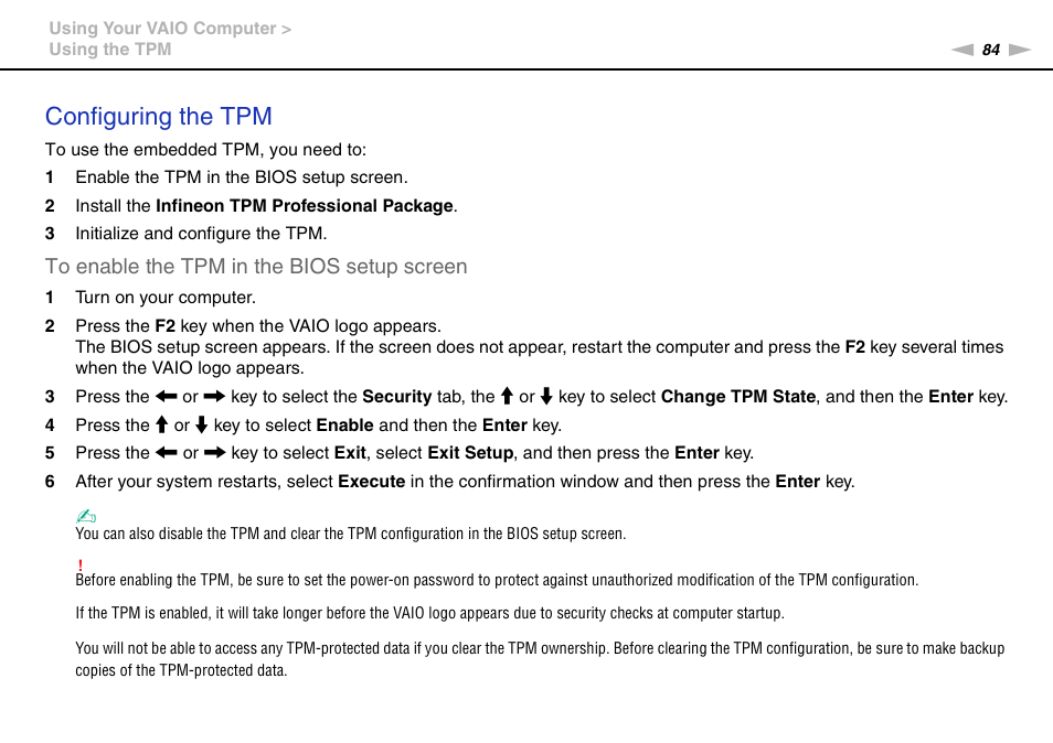 Configuring the tpm | Sony VAIO VPCZ11 User Manual | Page 84 / 205