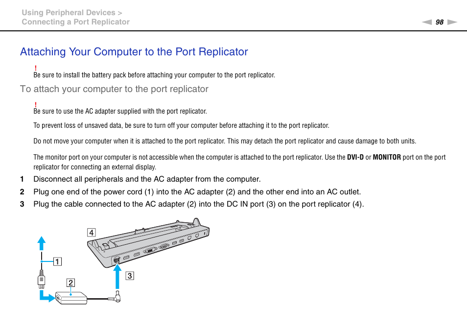 Attaching your computer to the port replicator | Sony VAIO VPCZ11 User Manual | Page 98 / 205