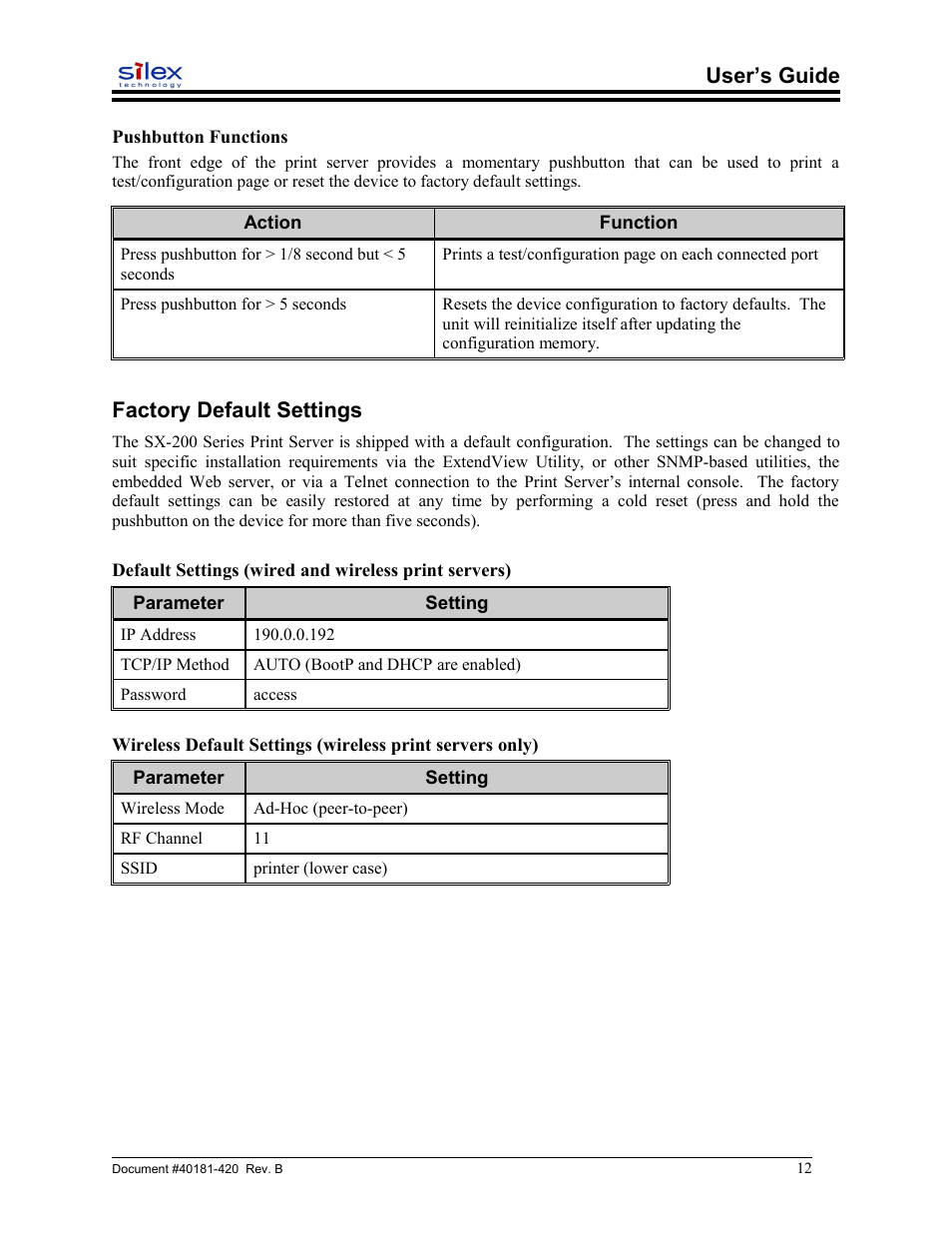 Pushbutton functions, Factory default settings, User’s guide | Sony SX-215 User Manual | Page 12 / 87