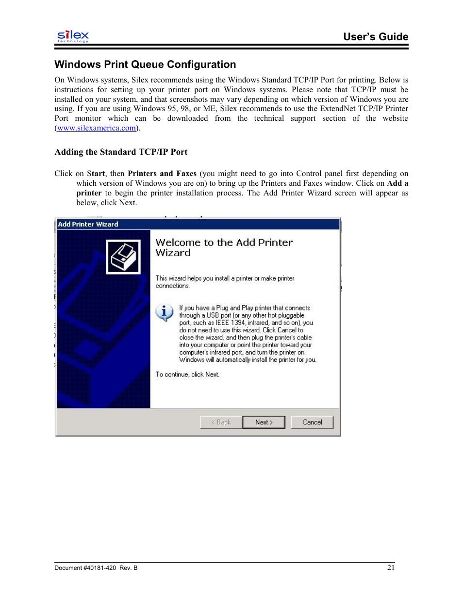 Windows print queue configuration, Adding the standard tcp/ip port, User’s guide windows print queue configuration | Sony SX-215 User Manual | Page 21 / 87