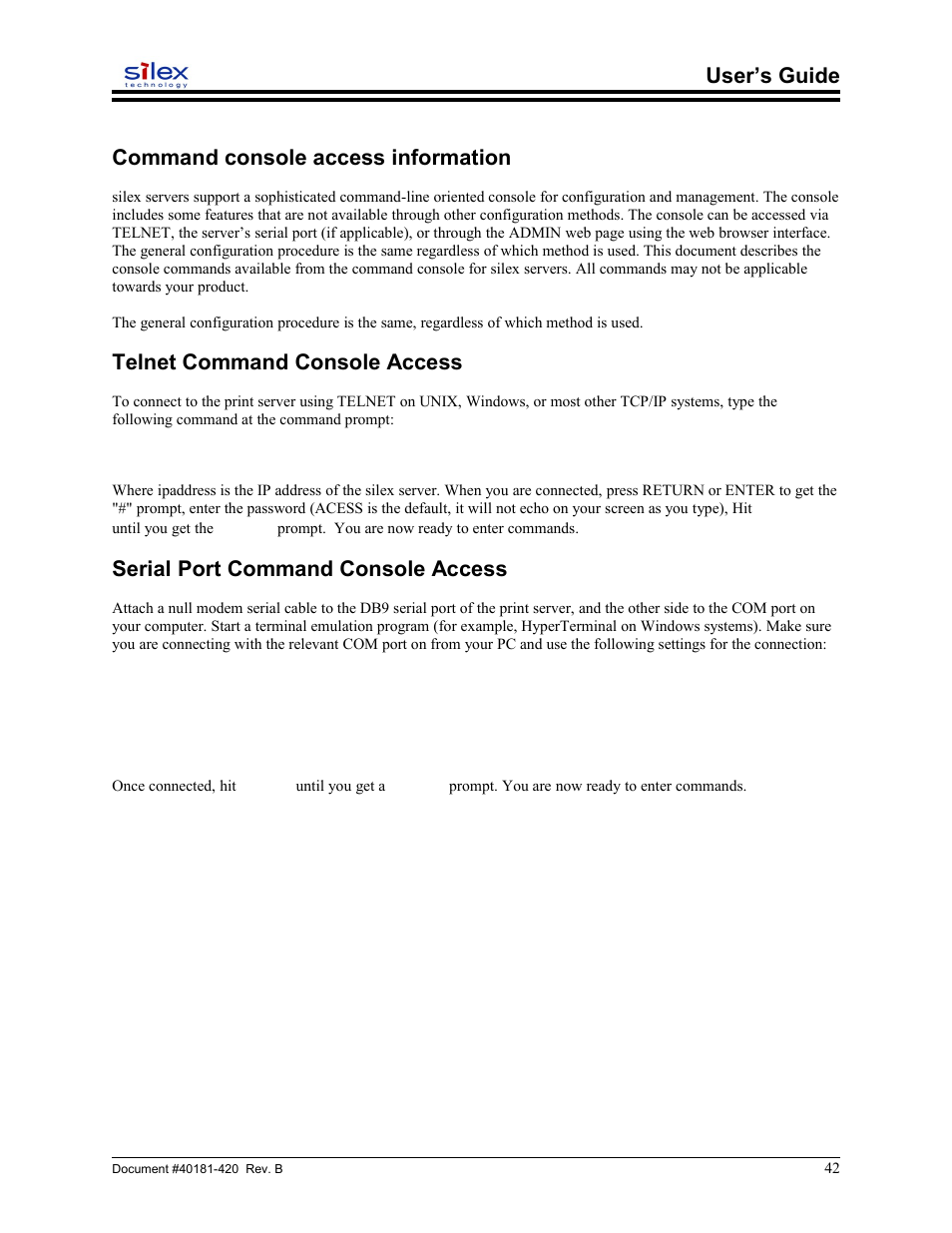 Command console access information, Telnet command console access, Serial port command console access | User’s guide command console access information | Sony SX-215 User Manual | Page 42 / 87